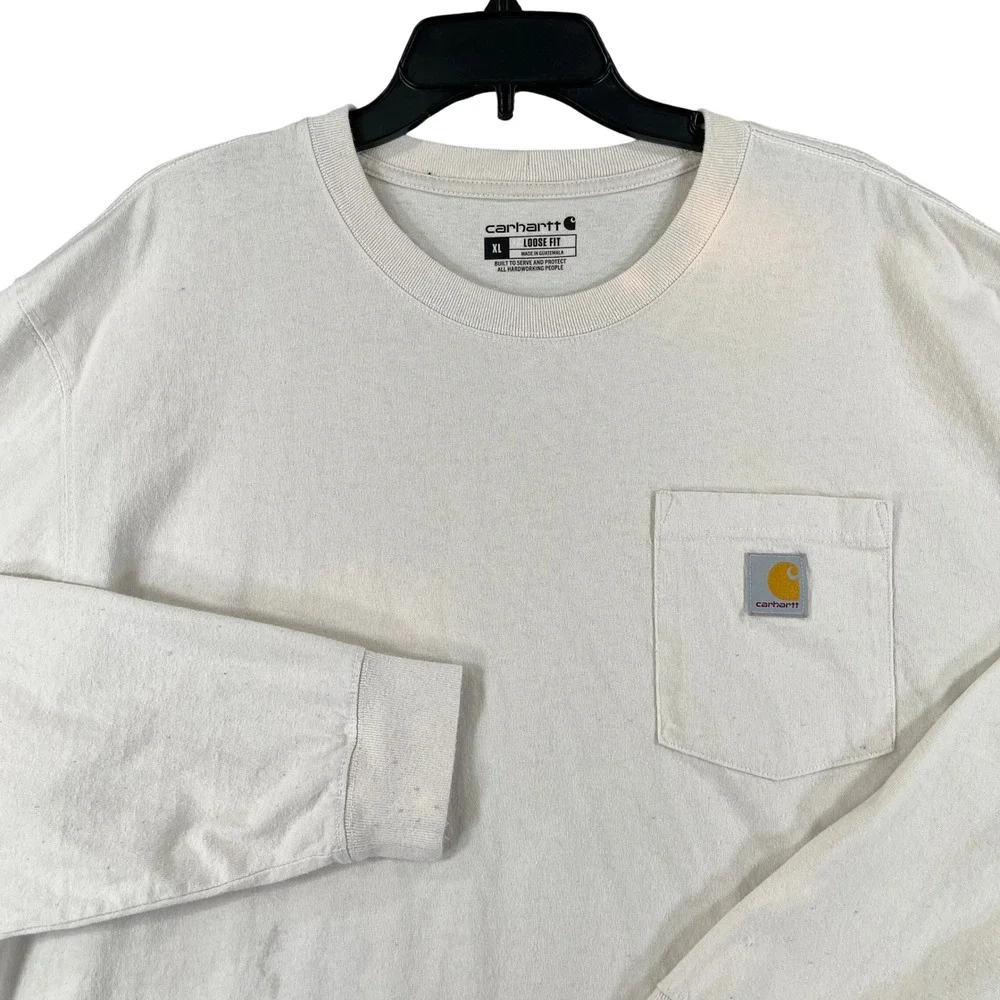 Carhartt Long Sleeve Pocket Shirt Mens XL Loose Fit Graphic Logo Cream Workwear